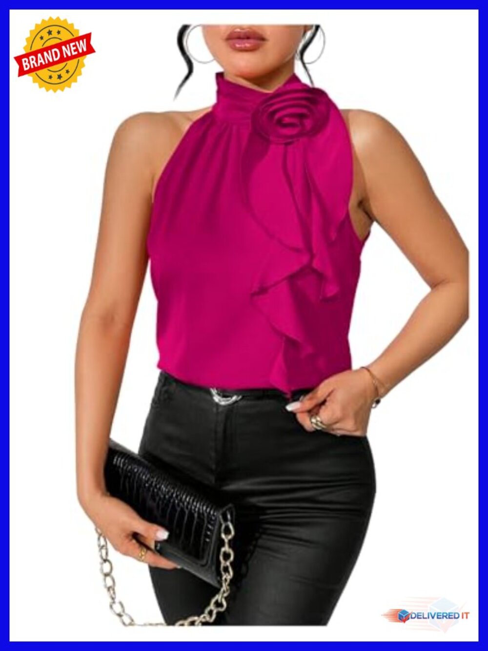 Women's Halter Top with 3D Floral Appliques Sleeveless Dressy Blouse